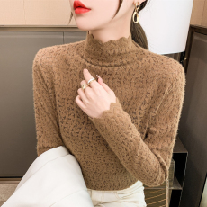 实拍半高领蕾丝衫长袖打底衫女2022新款秋冬高级感显瘦上衣
