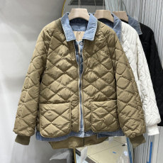 批发<b class='q'>牛仔</b>拼接假两件菱形格棉衣棉服女冬2026新款欧货设计感小棉袄外套
