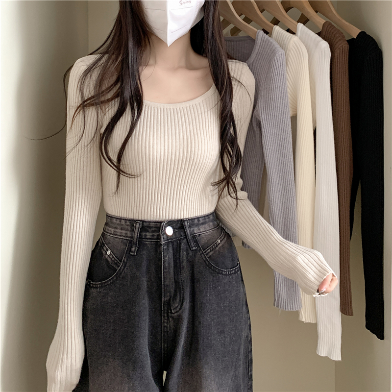 Real shot quality square neck plain color versatile long-sleeved knitwear base shirt T-shirt women's tops 