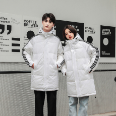 批发2022新款羽绒服中长款经典三条杠情侣冬季加厚连帽白鸭绒羽绒服