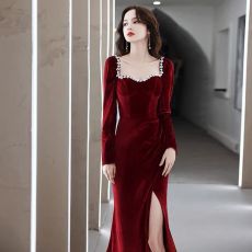 批发丝绒<b class='q'>鱼尾</b>敬酒服新娘酒红色高级感冬季长袖结婚晚礼服女订婚连衣裙