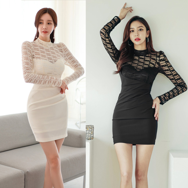 KM28873#新款韩版时尚气质优雅显瘦性感网纱蕾丝拼接连衣裙
