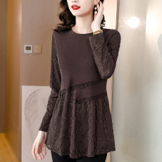 批发时尚气质圆领蕾丝长袖打底t恤春秋洋气减龄大码小衫<b class='q'>中长款</b>女上衣