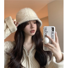 实拍不减价仿兔毛渔夫帽子可爱日系毛茸盆帽保暖白色毛绒小水桶帽