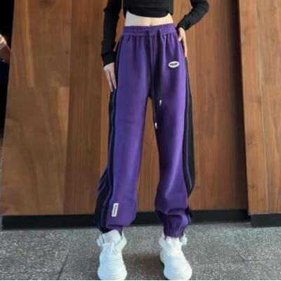 加绒加厚卫裤女2022冬季潮牌美式侧边拼色贴标宝宝绒束脚哈伦裤女