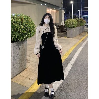 高评分中式改良立领拼接丝绒黑色旗袍裙女秋冬新款连衣裙长款