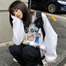 批发字母元素卫衣女2022新款美式复古撞色印花圆领宽松上衣