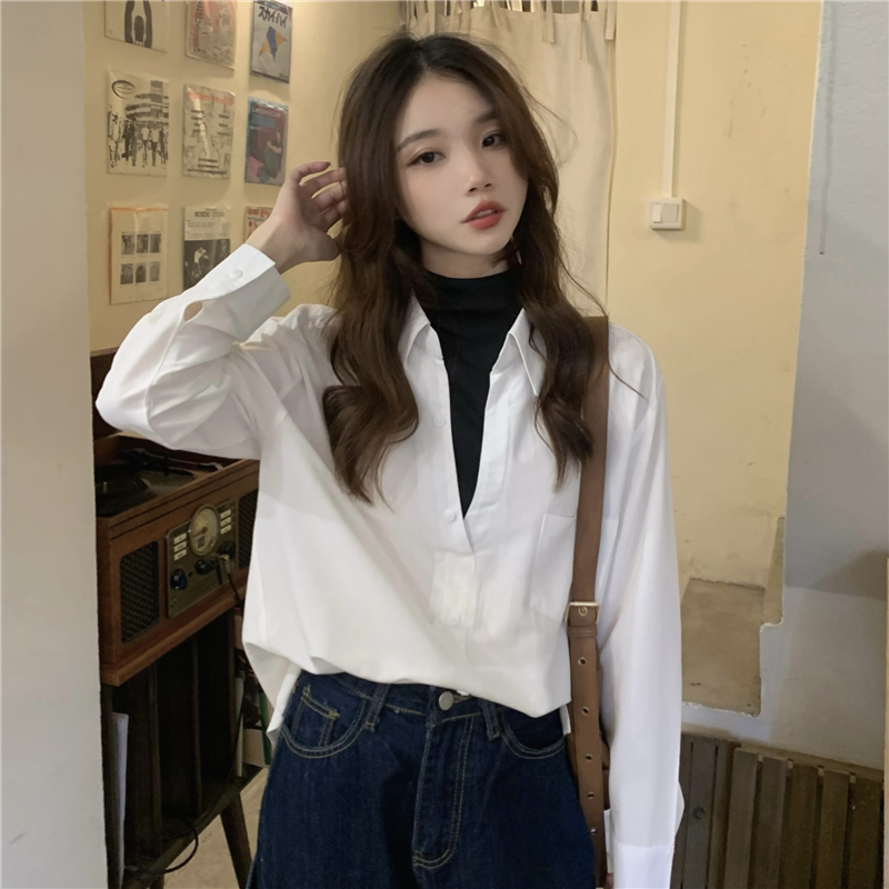 Real shot!  Fake two-piece single-breasted loose long-sleeved shirt for women, autumn and winter Korean style retro temperament versatile top