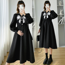 批发实拍网红孕妇装蝴蝶结款孕妇连衣裙毛衣拼接孕妇打底裙孕妇裙