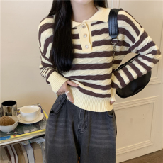 批发实拍实价 冬季新款翻领半开胸条纹毛衣女宽松百搭长袖针织衫上衣