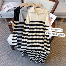 批发特价<b class='q'>大码</b>女装冬款胖mm时尚条纹拉链宽松显瘦加厚针织打底连衣裙