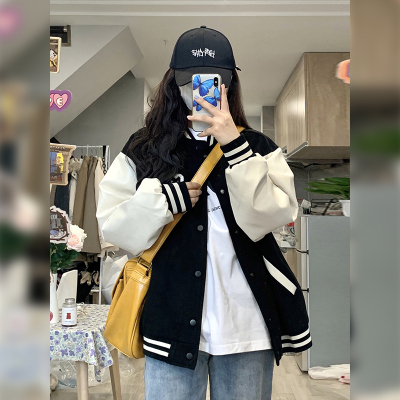 2022新款春秋美式休闲vintage棒球服加绒加厚韩版宽松外套女秋冬