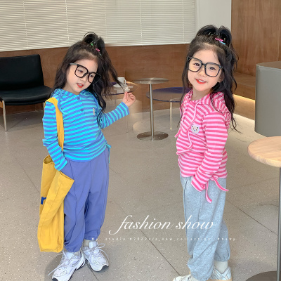 女童休闲套装春秋装新款儿童洋气条纹T恤运动裤两件套韩版