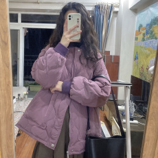 紫色棉服女中长款冬季2022年新款韩版宽松学生加厚学院风棉袄外套