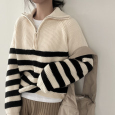 批发实货 韩国chic秋冬慵懒<b class='q'>毛衣</b>女<b class='q'>宽松</b>半拉链大翻领条纹保暖针织衫