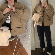 实拍实价 韩版复古菱形格拼色圆领长袖开衫棉衣棉服 现货