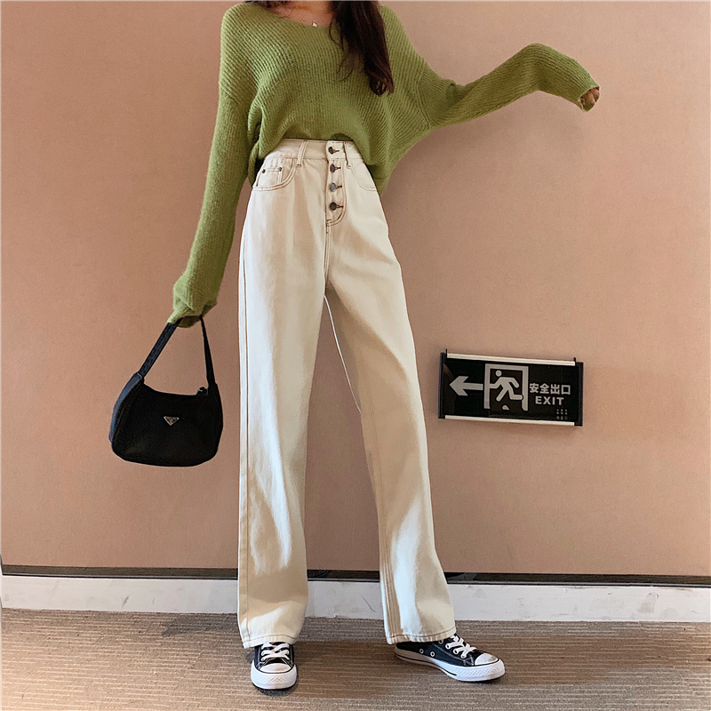 Real shot!  Korean style chic fashionable buttoned high waist jeans loose slimming wide leg straight pants