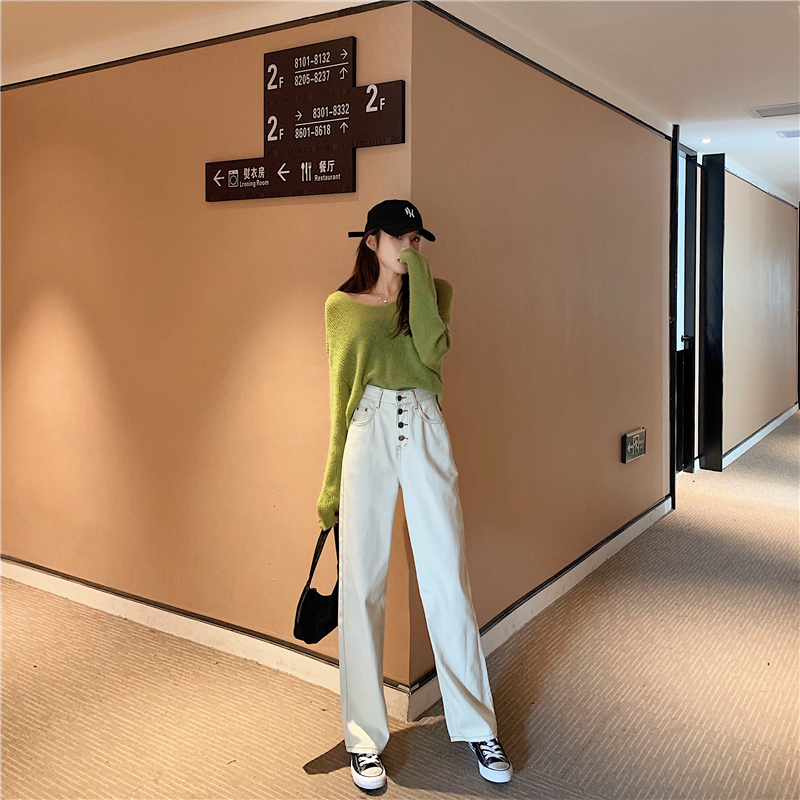 Real shot!  Korean style chic fashionable buttoned high waist jeans loose slimming wide leg straight pants