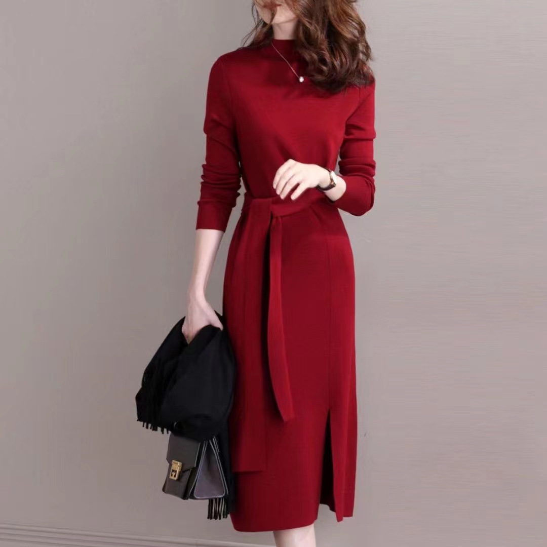MY4001#羊毛红色针织连衣裙打底女宽松半高领内搭法式潮