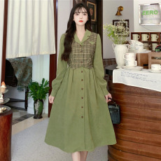 批发官图#捻丝乱麻复古<b class='q'>格子</b>假两件<b class='q'>连衣裙</b>西装领气质港风高腰A字裙