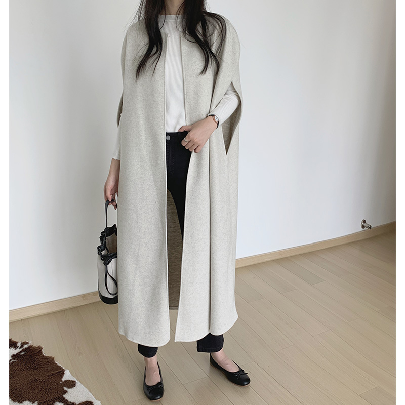 재고 있음 일본식 작은 대중 디자인 센스 루즈핏 망토 단색 중간 길이 모직 조끼 재킷 겨울