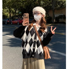 实拍v领菱格开衫毛衣女秋冬宽松显瘦慵懒风休闲长袖针织外套上衣