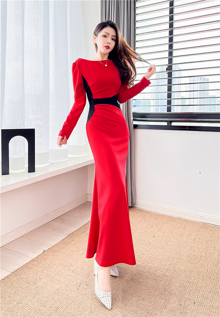 MY16338# 新款时髦洋气一字领撞色包臀长裙紧身连衣裙女裝貨源服裝批發