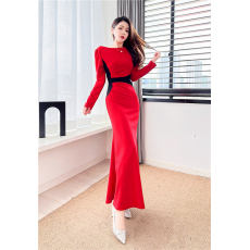 批发实拍2026春33新款时髦洋气一字领撞色包臀长<b class='q'>裙</b><b class='q'>紧身</b>连衣<b class='q'>裙</b>