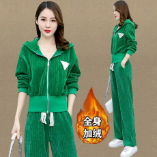 批发414#加绒加厚休闲运动服套装女秋冬季新款连帽宽松大码开衫两件套