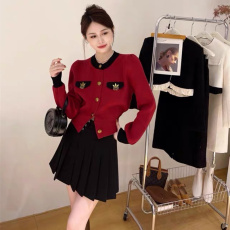 批发高品质 复古拼色金属装饰针织开衫女立领<b class='q'>显瘦</b>小香风短外套潮