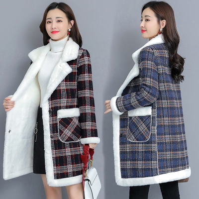 大码女装秋冬季韩版加绒加厚胖mm200斤中长款仿羊羔绒外套大衣潮