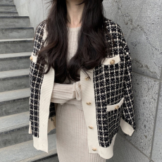 批发韩国chic秋冬复古千鸟格V领别致单排扣宽松长袖针织<b class='q'>开衫</b>毛衣外套