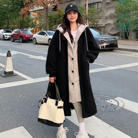 Korean chic autumn and winter new long hooded skirt jacket sherpa versatile loose fashion jacket ins trend