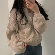 批发<b class='q'>韩国</b>chic复古慵懒风圆领拉链麻花纹宽松粗针加厚开衫毛衣外套女