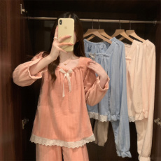 实拍实价 珊瑚绒睡衣女秋冬公主风蕾丝边甜美保暖两件套家居服