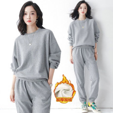 批发419#加绒加厚华夫格运动套装女秋冬季新款时尚长袖休闲卫衣两件套