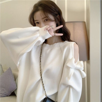 棉2022秋冬季内搭长袖中长款卫衣女网红性感露肩打底衫上衣潮