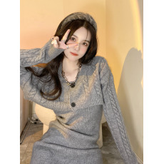 批发甜欲少女风针织毛衣套装修身显瘦背心连衣裙女短款毛衣罩衫两件套