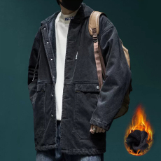 批发羊羔绒外套男宽松加大码冬季加绒加厚棉衣连帽牛仔工装棉服中长款