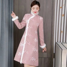 批发新款<b class='q'>旗袍</b>冬款加绒加厚女保暖中长款改良复古<b class='q'>长袖</b>中国风气质连衣裙