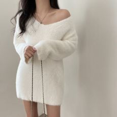 批发大码水貂毛温柔慵懒风毛衣女百搭v领一字肩中长款针织衫