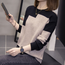 批发包芯纱面料2026年春秋新款长袖拼色挂毛针织衫上衣<b class='q'>大码</b><b class='q'>女装</b>毛衣