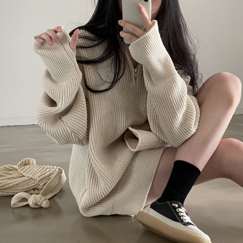 진짜 물품 한국 chic 가을 겨울 루즈핏 느긋한 풀오버 하프 지퍼 스웨터 여자 다용도 중간 길이 니트 스웨터