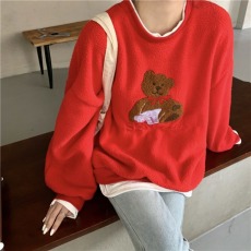 实拍现货 2022冬季韩版日系小熊刺绣外套假两件300克羊羔绒卫衣女