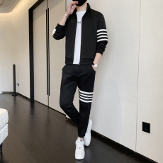 批发运动套装男2023新款束脚开衫外套夹克金典四条杠卫衣休闲套装