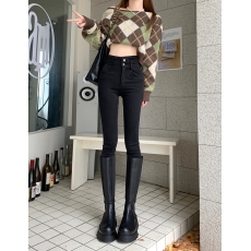 批发春季新款黑色牛仔裤女弹力紧身设计感斜腰铅笔小脚裤子