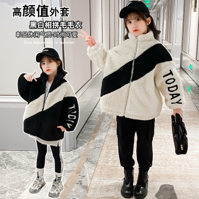 女童秋冬韩版2新款儿童羊羔绒黑白相拼外套毛毛衣洋气上衣外套