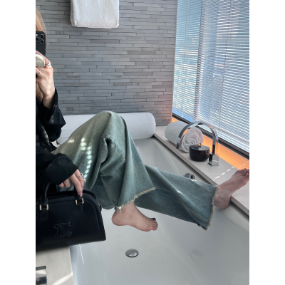 莫丙Mbechic 高腰直筒牛仔裤女秋季小个子毛边拖地裤子宽松阔腿裤