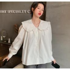 批发早春装韩国东大门大码女装气质荷叶边娃娃翻领衬衫M-4XL200斤