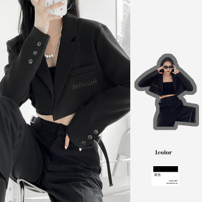 韩版高质感超短款小西装女2022春秋季修身露脐西服黑色外套